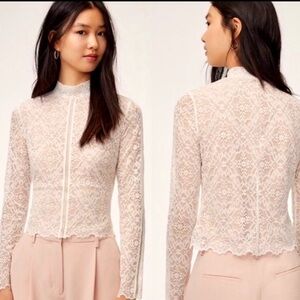Wilfred Aritzia Adriane Lace Mock Neck Lined Blouse Size Medium Oak Nude VGUC